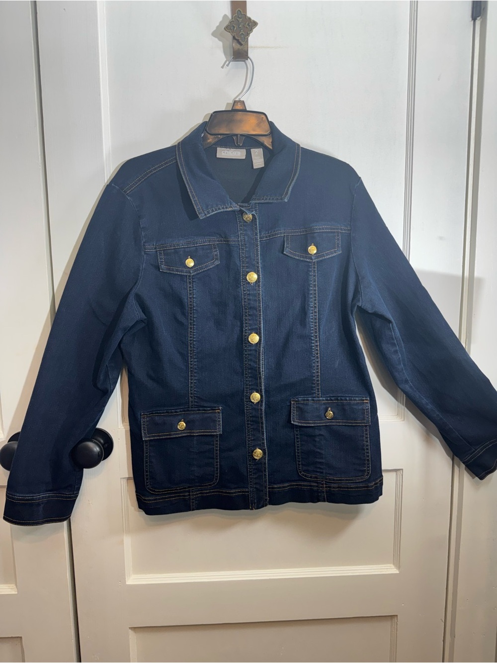 Chico's Dark Wash Denim Jacket with Gold Buttons, Chico’s size 2 (12-Large)